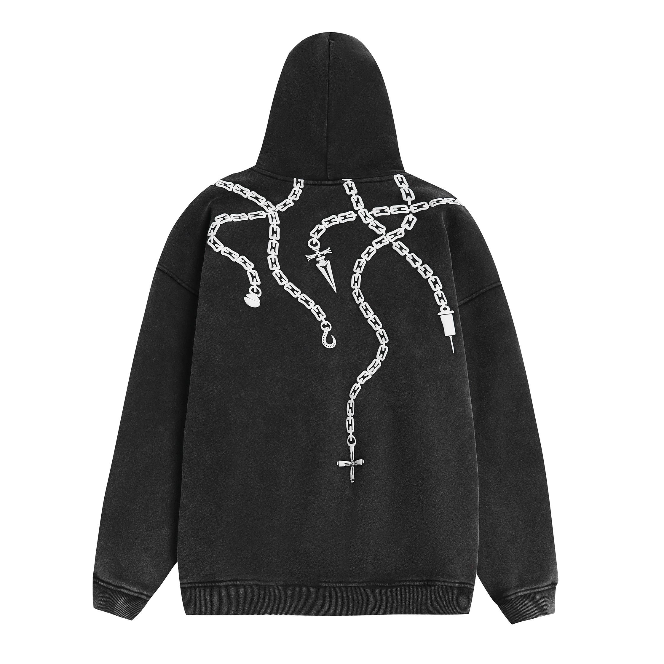 Chains Zip-Up Hoodie | Heavyweight Washed Black Streetwear