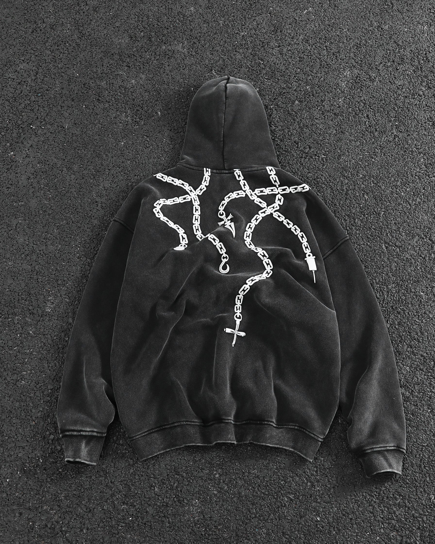 Chains Zip-Up | Heavyweight Washed Black Hoodie | Aniqi