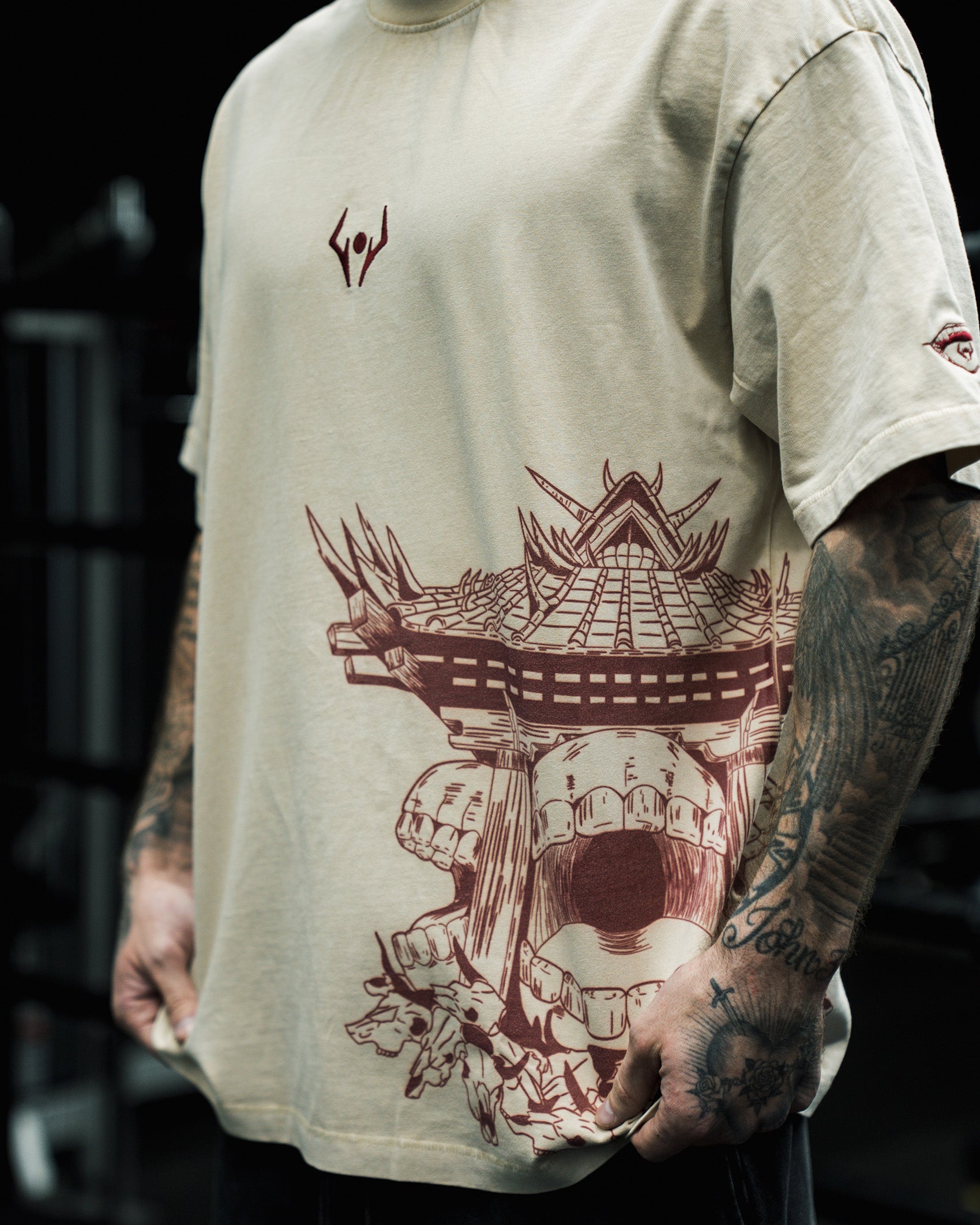 Malevolent Shrine Wash Tee Acid Wash Embroidered Shirt | ANIQI